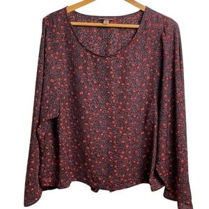 Willow + Root Blouse Womens Large Plum Orange Floral Tie Back Long Sleeve Top